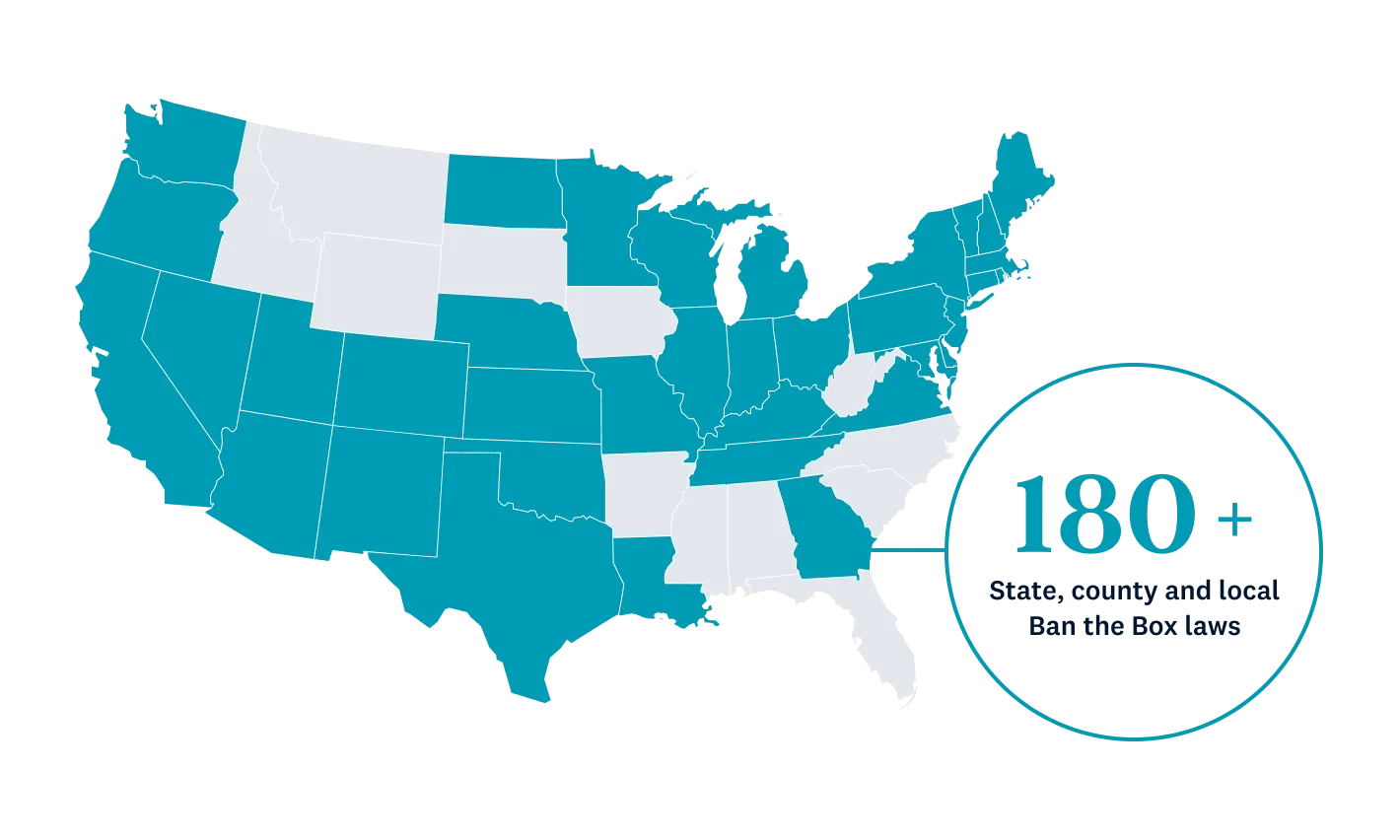 Graphic of the United Stated with highlighted states that have ban the box laws